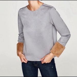 ZARA Grey Suede Faux Fur Top